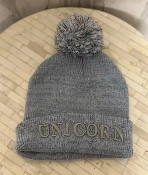 Unicorn Beanie Hat Womens One Size Grey Embroidered Cuff Pom Pom Knit Cap thumbnail 1