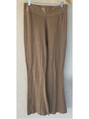 FRAME Camel Ribbed Knit Flare Wide Leg Pants L High Waist Pull On Lounge Stretch thumbnail 2