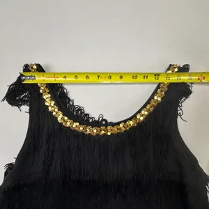 Women's Black Flapper Dress with Gold Sequin Neck Trim and Tiered Fringe thumbnail 6
