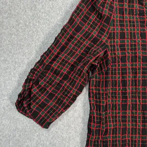 LOFT Shimmer Holiday Plaid Shirred V-Neck Blouse Women's Large 3/4 Sleeve thumbnail 2