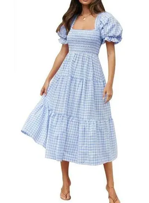 NEW Plaid Square Neck Puff Sleeve Ruffle Flowy Beach Midi Dress XL thumbnail 1