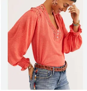FREE PEOPLE CAMELIA SIESTA FIESTA CROCHET TRIM LONG SLEEVE TOP size M loose fit thumbnail 8
