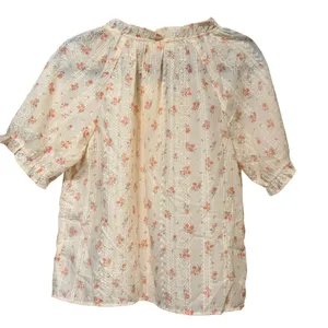 Easy Clothes Floral Eyelet Button Down Blouse Cream Peach S/M Short Sleeve thumbnail 3
