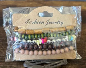 Layered Beaded Bracelet Set - Green, Brown, Pink Accents thumbnail 1