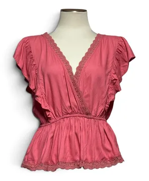 Abercrombie & Fitch Lace Trim V-Neck Flutter Sleeve Blouse Top Dusty Pink Large thumbnail 1