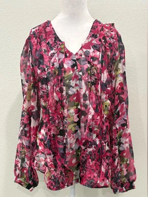 Chico's Vibrant Floral Blouse - Pink and Green thumbnail 1