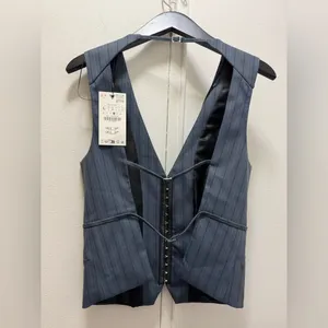 NWT Zara Pinstripe Grey Blue Vest with hook front and straps back Large thumbnail 5