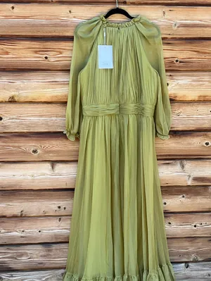 Mac Duggal Size 20 Olive Green Plus Size Chiffon Ruffle High Neck Maxi Gown thumbnail 8
