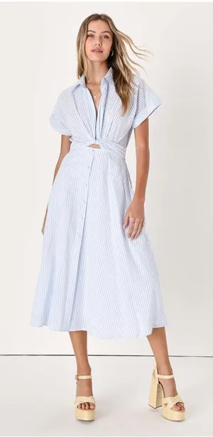 Lulus Adorable Impression White and Blue Midi Dress With Pockets thumbnail 1