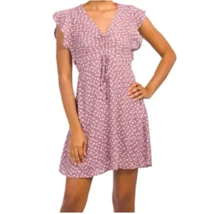 Monteau cottage fairy boho whimsi Floral Ruffle‎ Sleeve Mini Dress Mauve Dainty thumbnail 2