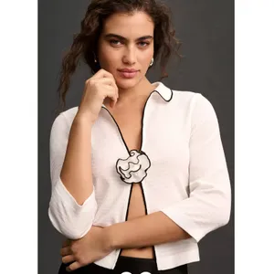 NWT Maeve Anthropologie White‎ Black Trim Ruffle Cropped Cardigan S thumbnail 2