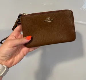 Coach Brown Pebbled Leather Zip Wristlet with Gold Logo thumbnail 1
