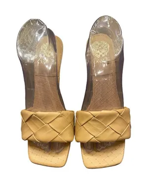 Vince Camuto Sandals Womens Size 9 Tan Leather Square Toe‎ Slip On Woven Heels thumbnail 1
