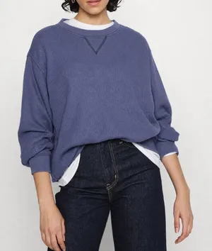 Aerie Blue Waffle Knit Crewneck Thermal Oversized Sweatshirt Medium thumbnail 1