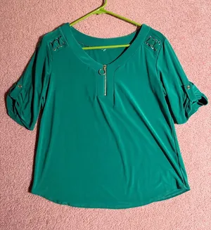 Women's Green Zip-Neck Blouse with Grommet Shoulder Detail thumbnail 1