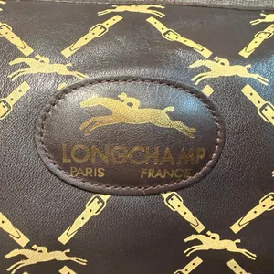 Vintage Longchamp Paris Equestrian Horse Chain Print Leather Crossbody Brown thumbnail 2