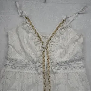 Cupshe White Lace Dress PomPom Tie V Neck Sleeveless Summer‎ Beach Size L thumbnail 3