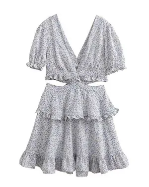 NEW White/Blue Floral Deep V Cutout Waist Ruffled Tiered Dress thumbnail 5