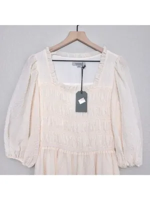 NWT All Saints Livi Tex Maxi Dress 6 Off White Ruched Puff Sleeve Smocked Slit thumbnail 5