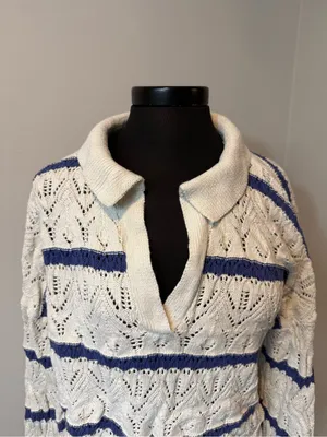 Universal Threads Cream with Blue Stripes Collared Preppy Sweater in Size XL thumbnail 2