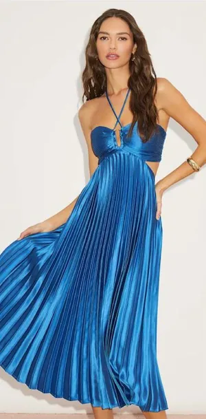 Lulus Aerin Blue Satin Pleated Cutout Midi Dress Size Medium Sleeveless Cocktail thumbnail 1