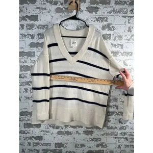 Aerie | women black and cream striped vneck sweater oversized thumbnail 6