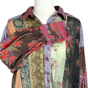 Free People Bohemian Patchwork Flower Patch Top Berry Combo Oversized Small Fall thumbnail 12
