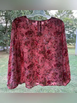 LOFT Pink Floral Sheer Long-Sleeve Blouse with Elastic Cuffs thumbnail 5
