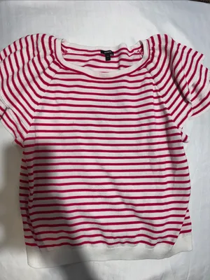 Express White and Hot Pink Striped Crewneck Top thumbnail 1