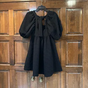 Free People Violet Mini Dress Black Textured Puff Sleeve Empire‎ Waist XS thumbnail 6