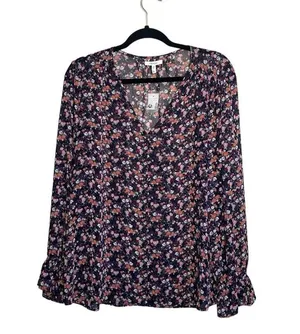 Maurices Blouse Black Pink Ditsy Floral V-neck Button Front NWT thumbnail 1