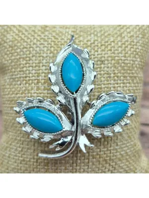 Vintage Faux Turquoise Brooch Clip On Earrings Demi Parure Silver Tone thumbnail 4