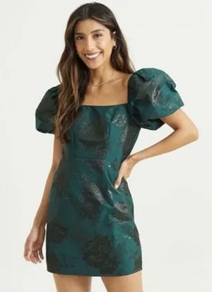 Altar'd State Skylar Emerald Green Floral Jacquard Puff Sleeve Mini Dress NWT M thumbnail 1