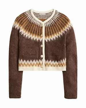 J.CREW Cardigan Brown Brushed Yarn Fair Isle Alpaca Wool Sweater Fuzzy Large thumbnail 1