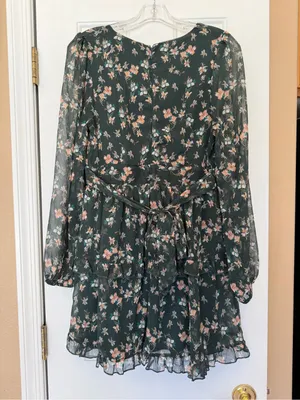 Lulu's Dark Cottagecore Green Floral Print Long Sheer Sleeves Mini Dress Medium thumbnail 3