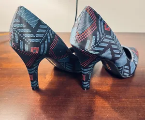 Size 8 Black, blue, and red shoes-geometric patterned heels with a 3.5" heel thumbnail 5