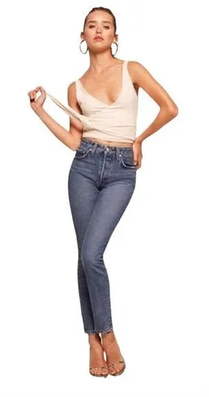 Reformation French Skinny Distressed Baltic Wash Jeans High Rise Straight-Leg 24 thumbnail 1