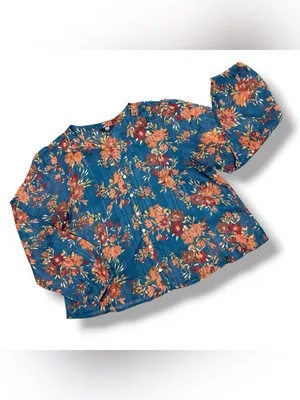 Frye Floral Metallic Jacquard Sheer Blouse Teal Blue Burnt Orange Large Boho thumbnail 12