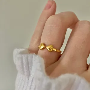Two Hearts Gold Bow Petite Ring “Angel” Classic Girly Femme Band Stacking Neutral Jewelry thumbnail 3