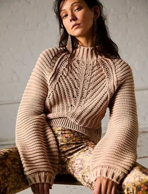 Free People‎ Sweetheart Chunky Knit Mockneck Sweater Sandcastle L thumbnail 1