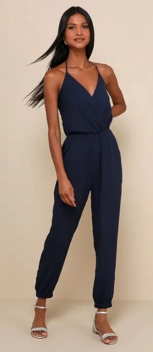 Lulus Learning‎ to Fly Halter Jumpsuit in Navy Blue Size Medium thumbnail 1