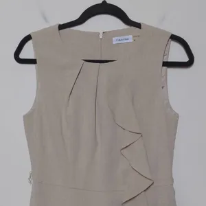 Calvin Klein Sheath Dress Beige Tan Stretch Jewel Neck Sleeveless Ruffle 6 thumbnail 2