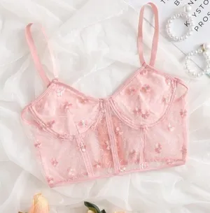 Floral Embroidered Lace Underwire Bralette M Pink Sheer Lingerie Bra Sequin thumbnail 1