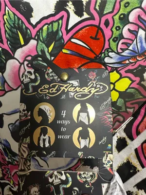 M7. Ed Hardy Skull Rose Leopard Print 4-Way Scarf Wrap Y2K Tattoo NWT thumbnail 2