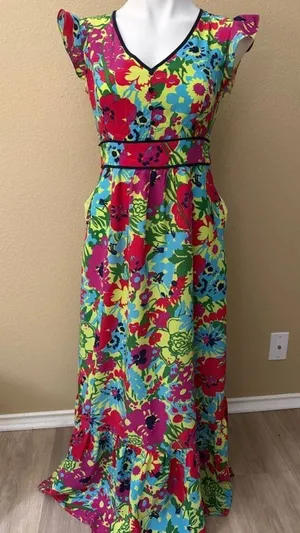 ModCloth Neon Floral V‑Neck Maxi Dress in Pink, Blue, Green, Yellow thumbnail 1