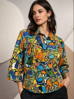 VTG Mirror Image Wearable Art Fitted Button Front Colorful Abstract Jacket - L thumbnail 1