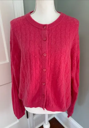 J.‎ Crew Fuzzy Bright Pink Cable Knit Button-Front Cardigan Size Medium Merino thumbnail 1