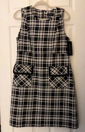 Andrew Marc Black and White Plaid Sleeveless A-Line Dress thumbnail 1
