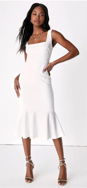 LULU’S Moment Maker White Square Neck Trumpet Midi Dress thumbnail 1