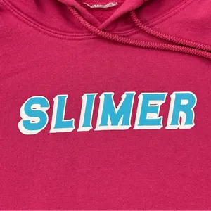Slimer Teal Blue Spell Out Graphic Pink Pullover Hoodie Sweatshirt unisex size S thumbnail 2